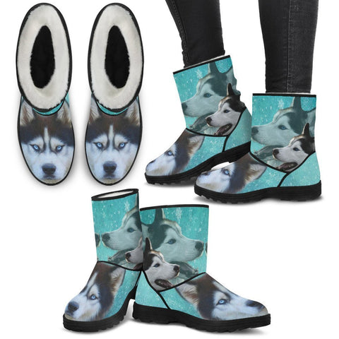 Siberian Husky Print Faux Fur Boots For Women-Free Shipping-Paww-Printz-Merchandise