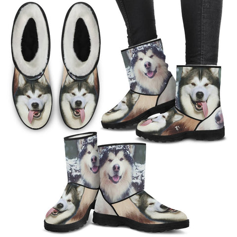 Laughing Alaskan Malmute Print Faux Fur Boots For Women- Free Shipping-Paww-Printz-Merchandise