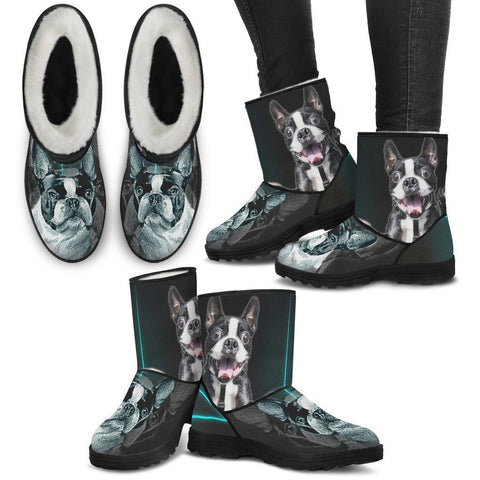 Boston Terrier Print Faux Fur Boots For Women-Free Shipping-Paww-Printz-Merchandise