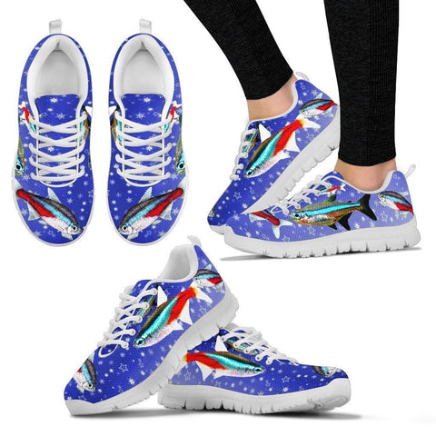 Neon Tetra Fish On Blue Print Christmas Running Shoes For Women- Free Shipping-Paww-Printz-Merchandise