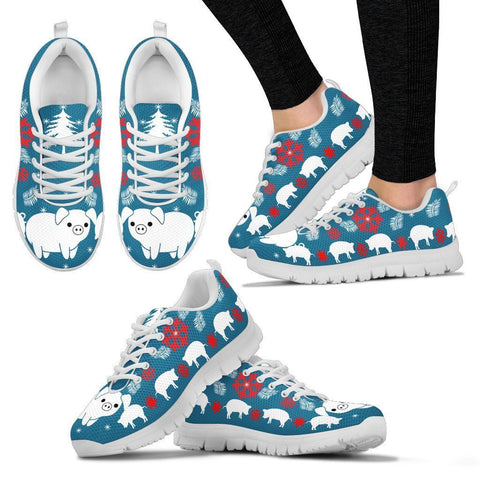 Large White pig Print Christmas Running Shoes For Women-Free Shipping-Paww-Printz-Merchandise