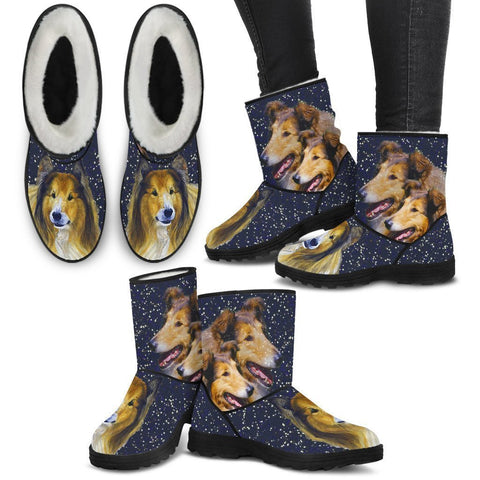Amazing Collie Print Faux Fur Boots For Women-Free Shipping-Paww-Printz-Merchandise