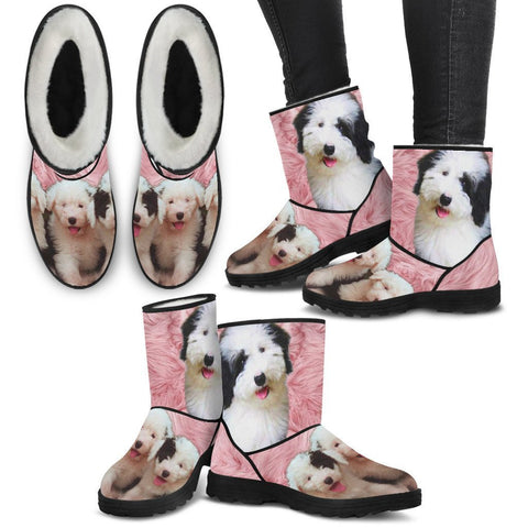 Cute Old English Sheepdog Print Faux Fur Boots For Women- Free Shipping-Paww-Printz-Merchandise