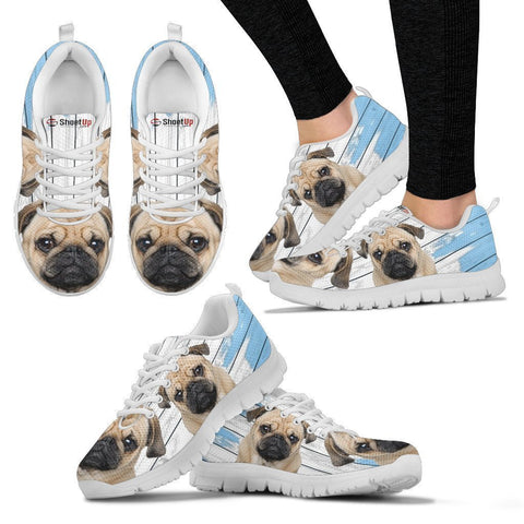 Pug Dog Blue White Print Sneakers For Women-Free Shipping-Paww-Printz-Merchandise