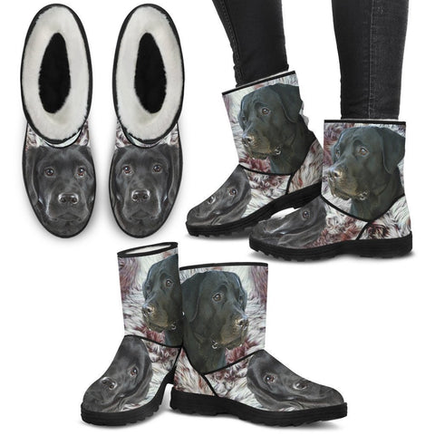 Cute Black Labrador Print Faux Fur Boots For Women- Free Shipping-Paww-Printz-Merchandise