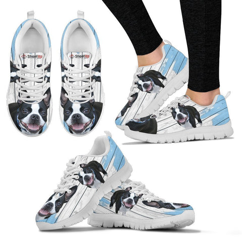 Boston Terrier Blue White Print Sneakers For Women-Free Shipping-Paww-Printz-Merchandise