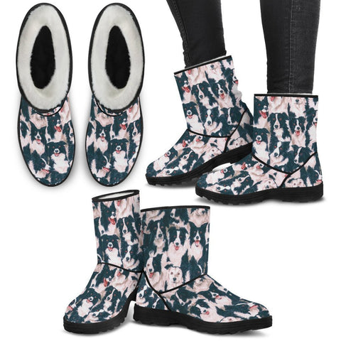 Border Collie Print Faux Fur Boots For Women-Free Shipping-Paww-Printz-Merchandise