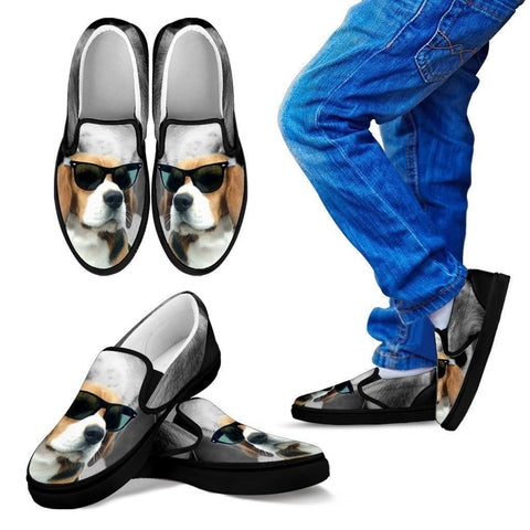Beagle With Glasses Print Slip Ons For Kids(Black)- Limited Edition- Express Shipping-Paww-Printz-Merchandise