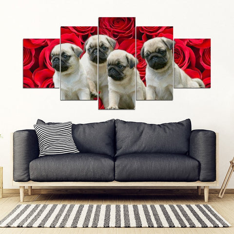 Cute Pug Puppies On Red Rose Print- 5 Piece Framed Canvas- Free Shipping-Paww-Printz-Merchandise