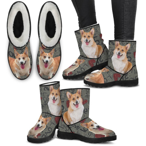 Pembroke Welsh Corgi Print Faux Fur Boots For Women-Free Shipping-Paww-Printz-Merchandise