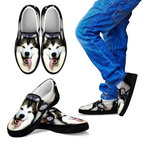 Alaskan Malamute Dog Print Slip Ons (Black) For Kids- Express Shipping-Paww-Printz-Merchandise