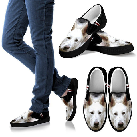 White Shepherd Print Slip Ons For Women (Black)- Express Shipping-Paww-Printz-Merchandise