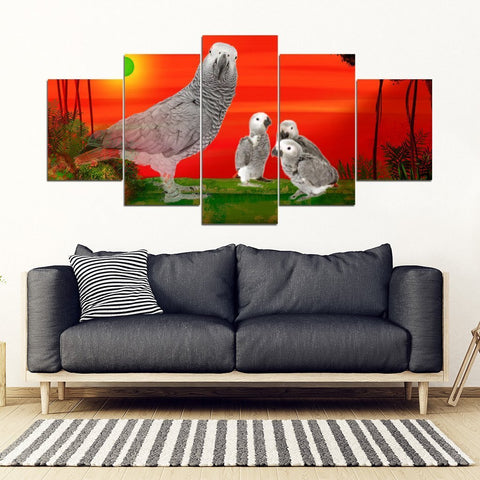 Cute African grey parrot With family Print-5 Piece Framed Canvas- Free Shipping-Paww-Printz-Merchandise