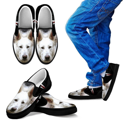 White Shepherd Print Slip Ons For Kids (Black)- Express Shipping-Paww-Printz-Merchandise