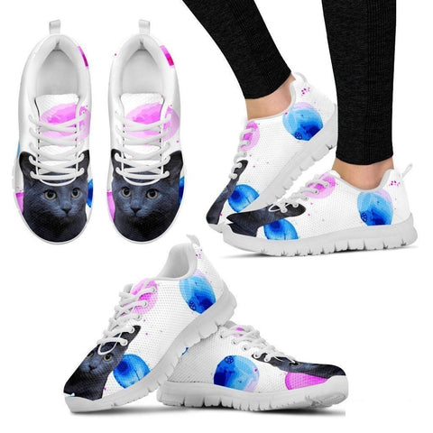Russian Blue Cat Print (White/Black) Running Shoes For Women-Free Shipping-Paww-Printz-Merchandise