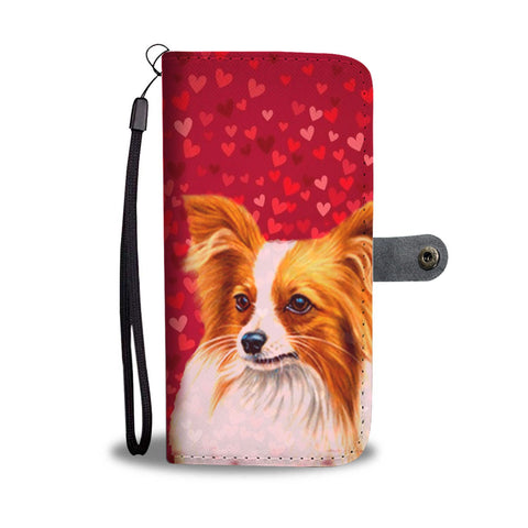 Papillon Dog On Red Hearts Print Wallet Case-Free Shipping