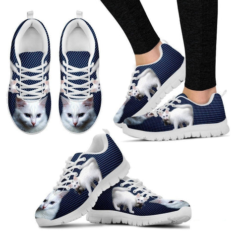White Turkish Angora Cat Print Sneakers For Women (White/Black)- Free Shipping-Paww-Printz-Merchandise