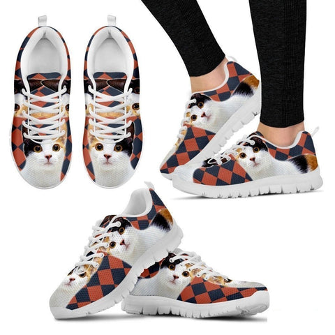 Japanese Bobtail Cat Print (White/Black) Running Shoes For Women-Free Shipping-Paww-Printz-Merchandise
