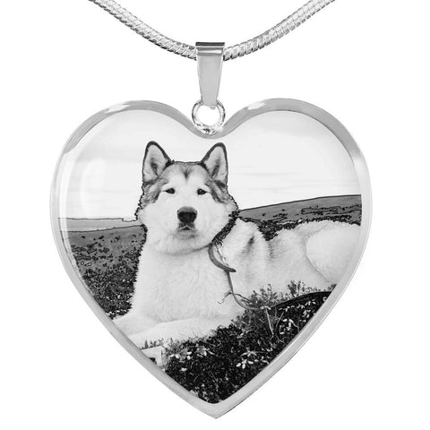 Alaskan Malamute Print Heart Charm Necklace-Free Shipping