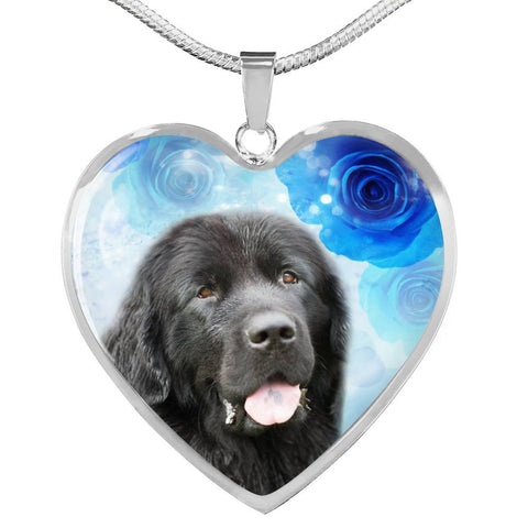 Newfoundland Dog Print Heart Pendant Luxury Necklace-Free Shipping