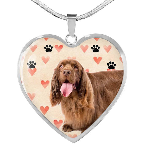 Sussex Spaniel Print Heart Pendant Luxury Necklace-Free Shipping