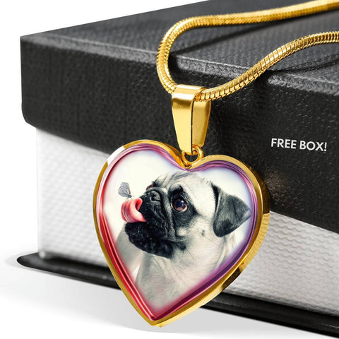 Cute Pug Dog Print Heart Charm Necklaces-Free Shipping