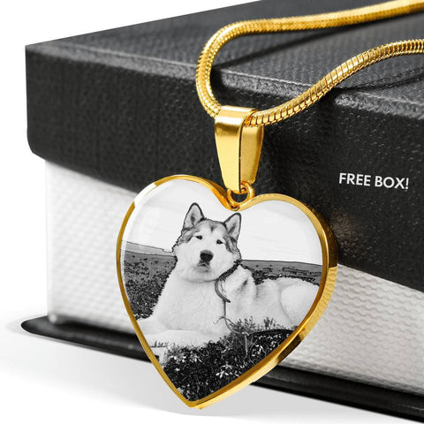 Alaskan Malamute Print Heart Charm Necklace-Free Shipping