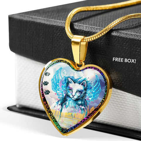 Cat Watercolor Art Print Heart Charm Necklaces-Free Shipping