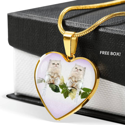 White Persian Cat Print Heart Pendant Luxury Necklace-Free Shipping