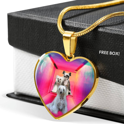 Chinese Crested Dog Print Heart Pendant Luxury Necklace-Free Shipping