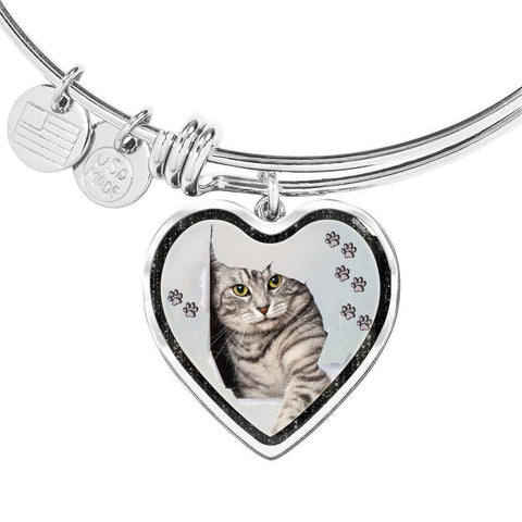 Charming Cat Art Print Heart Pendant Bangle-Free Shipping