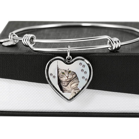 Charming Cat Art Print Heart Pendant Bangle-Free Shipping