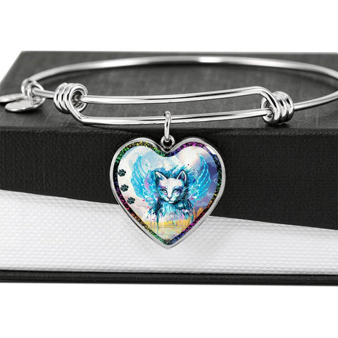 Cat Watercolor Art Print Heart Pendant Bangle-Free Shipping