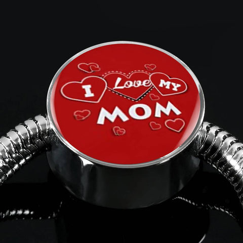 'I Love MY MOM' Red Print Circle Charm Steel Bracelet