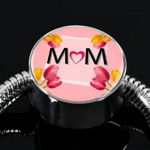 "MOM" Print Circle Charm Steel Bracelet