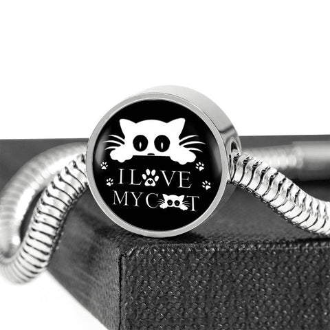 " I Love My Cat" Black Print Circle Charm Steel Bracelet