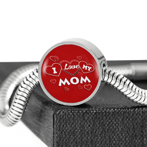 'I Love MY MOM' Red Print Circle Charm Steel Bracelet