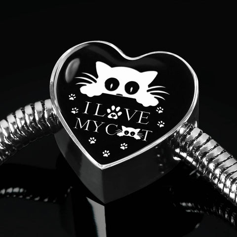 " I Love My Cat" Print Heart Charm Steel Bracelet