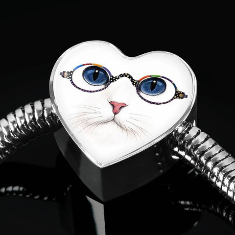 Cute Cat With Glasses Print Heart Charm Steel Bracelet-Free Shipping