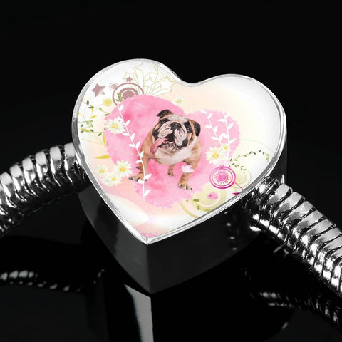 Bulldog Print Heart Charm Steel Bracelet-Free Shipping