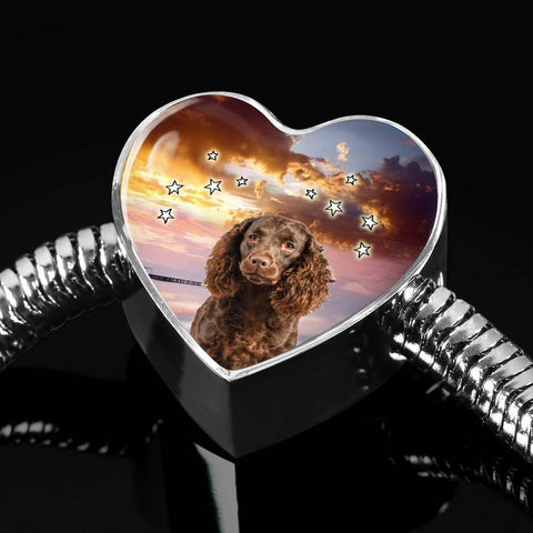 American Water Spaniel Print Heart Charm Steel Bracelet-Free Shipping