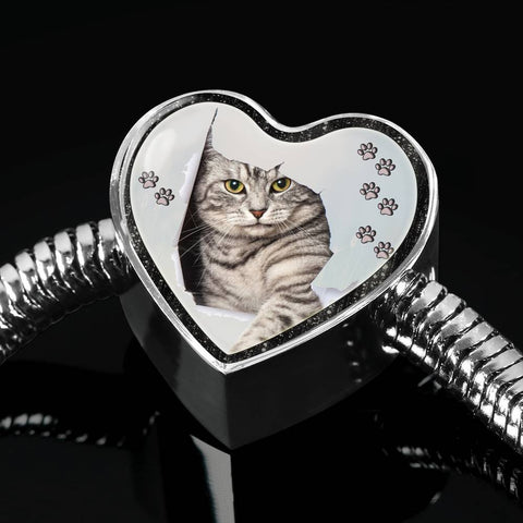 Charming Cat Art Print Heart Charm Steel Bracelet-Free Shipping