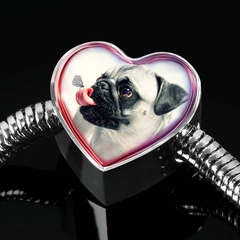 Cute Pug Dog Print Heart Charm Steel Bracelet-Free Shipping