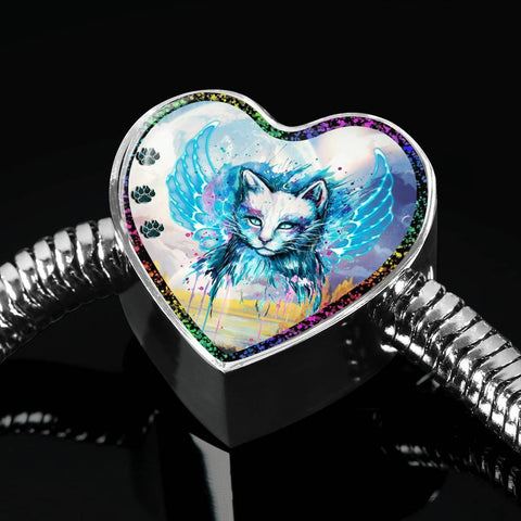 Cat Watercolor Art Print Heart Charm Steel Bracelet-Free Shipping