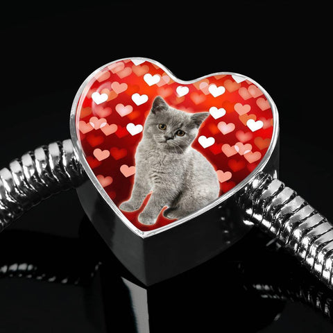 British Shorthair Cat Print Heart Charm Steel Bracelet-Free Shipping