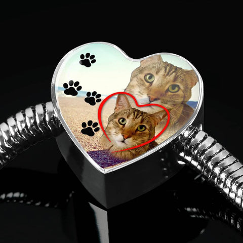 Pixie Bob Cat Print Heart Charm Steel Bracelet-Free Shipping