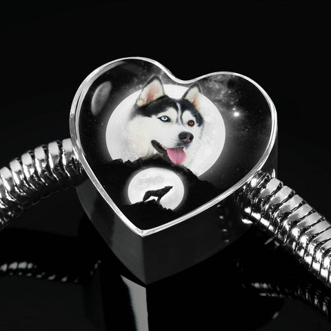 Siberian Husky Dog Print Heart Charm Steel Bracelet-Free Shipping