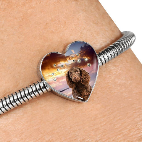 American Water Spaniel Print Heart Charm Steel Bracelet-Free Shipping