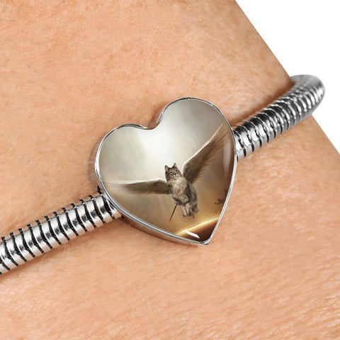 Norwegian Forest Cat Print Heart Charm Steel Bracelet-Free Shipping