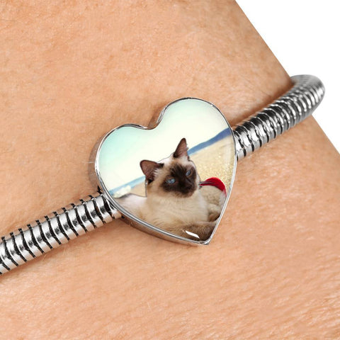 Cute Balinese Cat Print Heart Charm Steel Bracelet-Free Shipping
